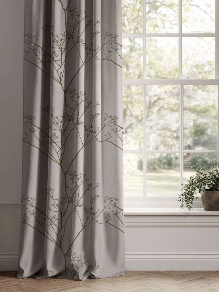 Green Floral Linen Curtains - Chervil Sea Weed - Natural base fabric.