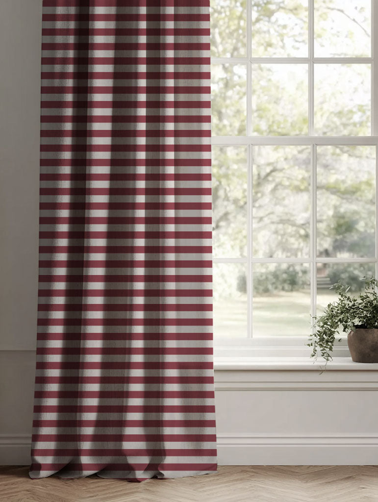 Red Striped Linen Curtains - Della Wine - Natural base fabric.