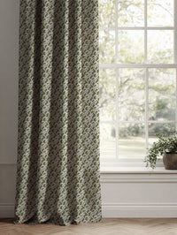 Green Botanical Linen Curtains - Edlyn Khaki - Natural base fabric.