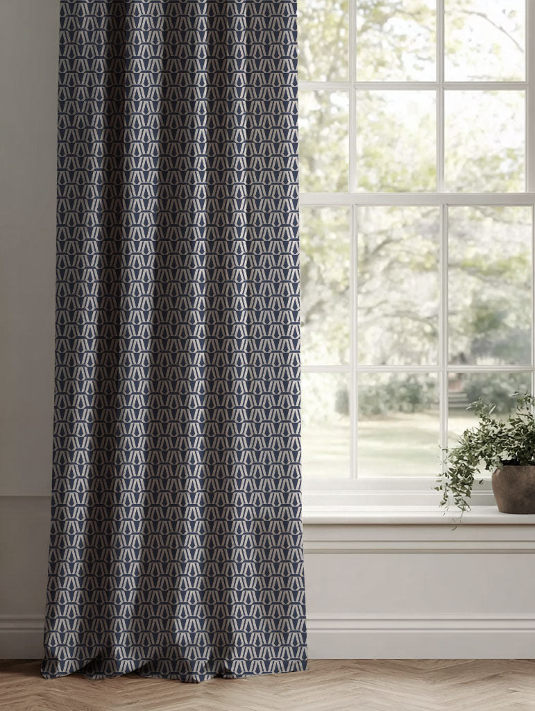 Blue Patterned Linen Curtains - Elva Deep Blue - Natural base fabric.