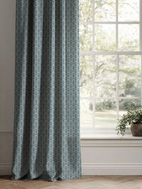 Blue Patterned Linen Curtains - Elva Marine - Natural base fabric.