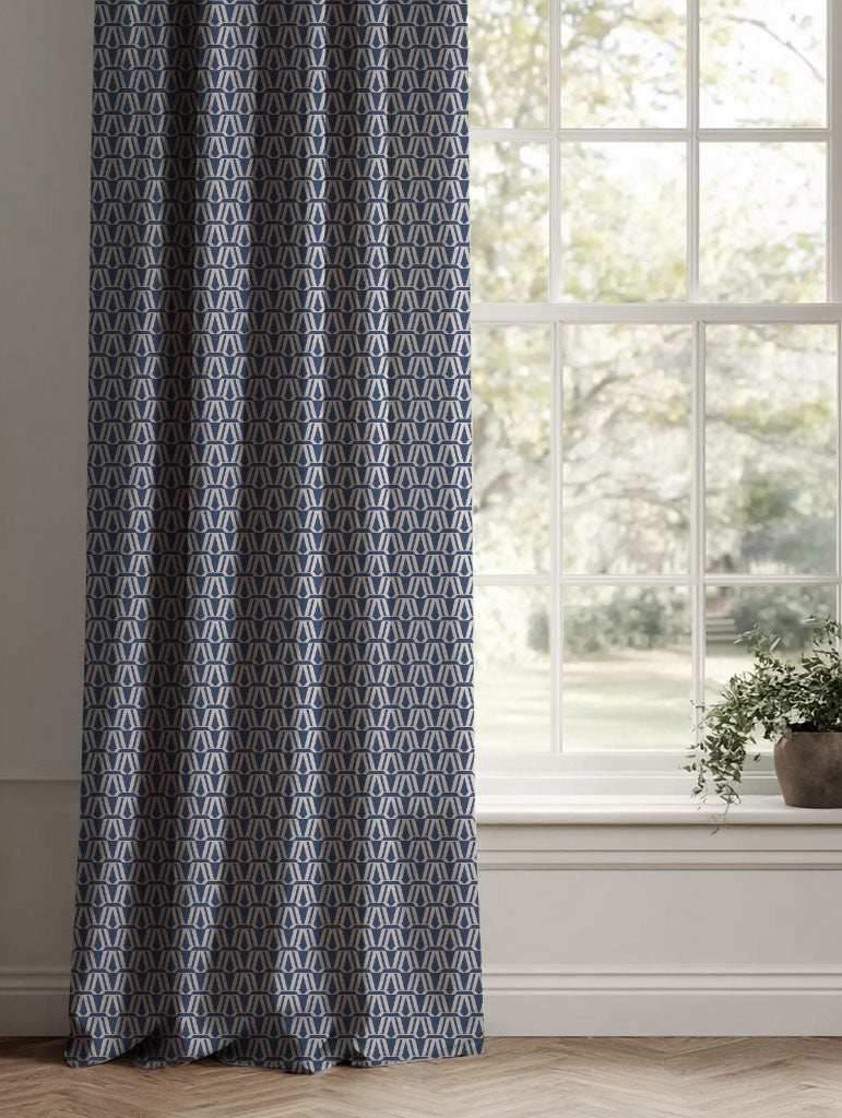 Blue Patterned Linen Curtains - Elva Night Blue - Natural base fabric.