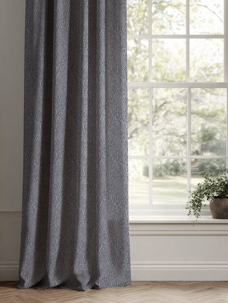 Blue Botanical Linen Curtains - Erica Deep Blue - Natural base fabric.