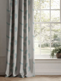 Blue Patterned Linen Curtains - Feathers Duckegg - Natural base fabric.