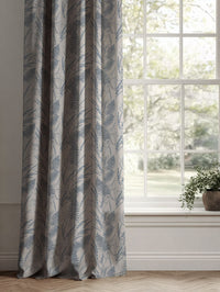 Blue Botanical Linen Curtains - Fernia Denim - Natural base fabric.