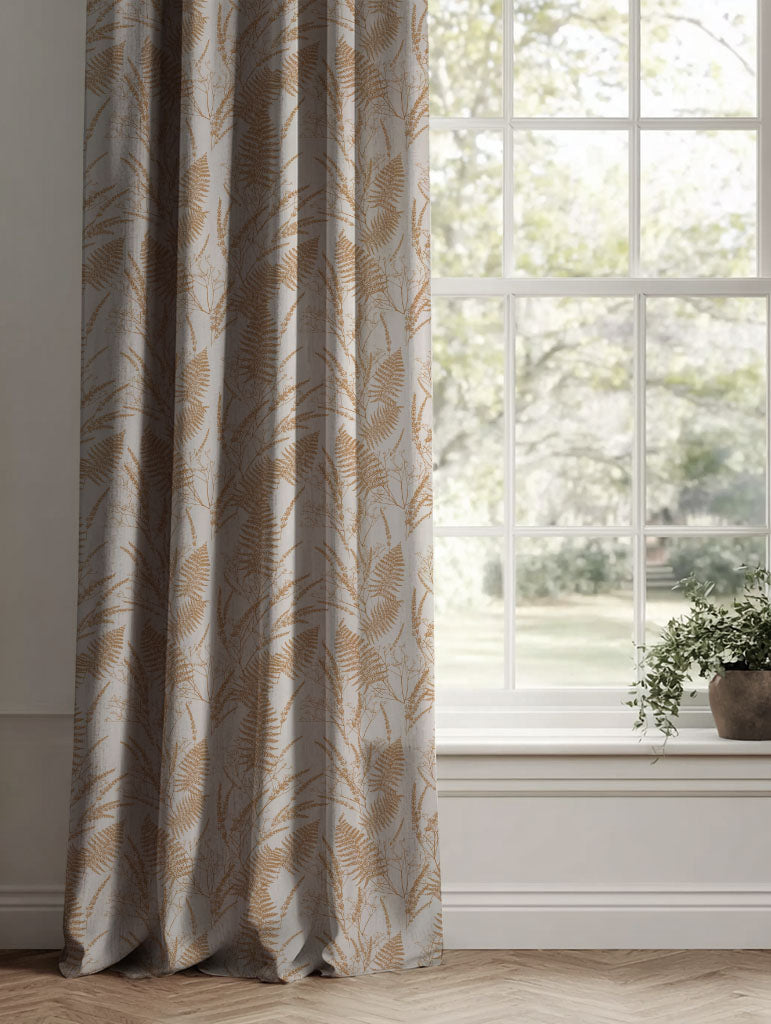 Orange / Yellow Plain Linen Curtains - Fernia Gold Ochre - Natural base fabric.