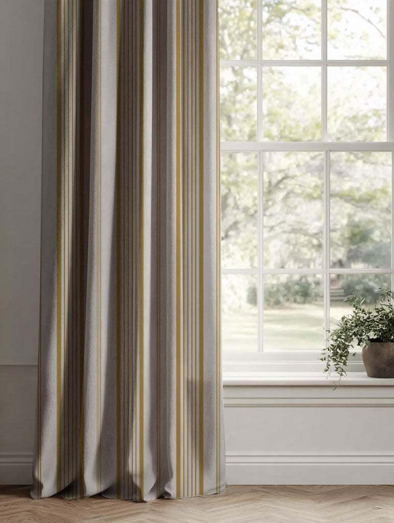 Yellow Striped Linen Curtains - Freja Gold Rod - Natural base fabric.