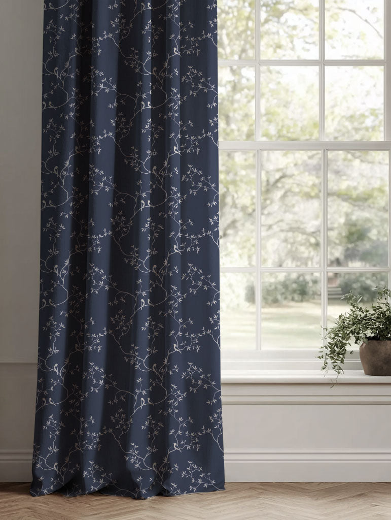 Blue Botanical Linen Curtains - Goldfinch INV-Deep Blue - Natural base fabric.