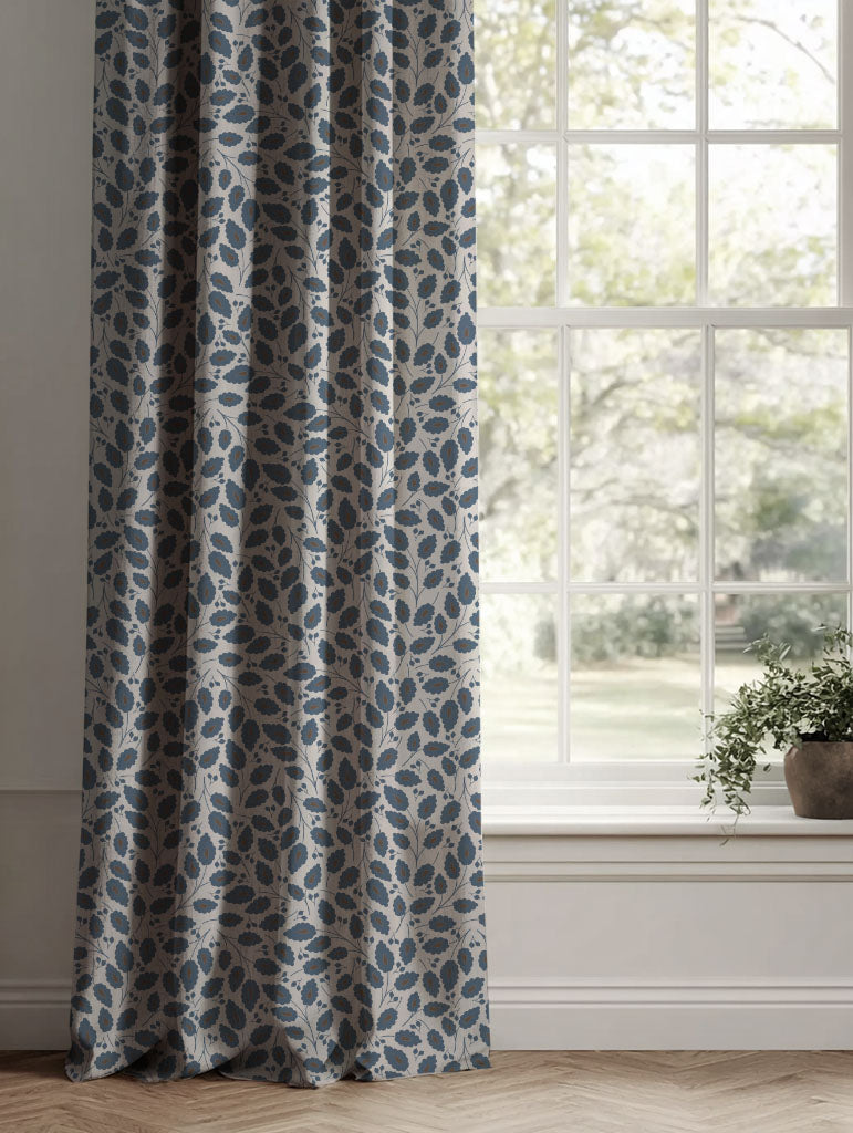 Blue Botanical Linen Curtains - Goldie Denim - Natural base fabric.
