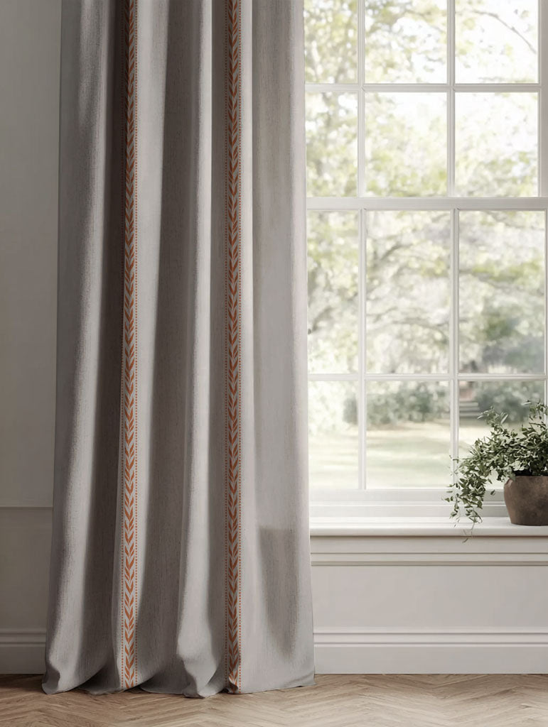 Orange Botanical Linen Curtains - Helena-NAT Burnt Orange - Natural base fabric.