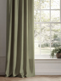 Green Patterned Linen Curtains - Hugo Leaf - Natural base fabric.