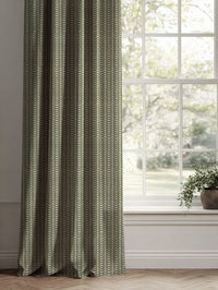 Green Patterned Linen Curtains - Hulda Khaki - Natural base fabric.