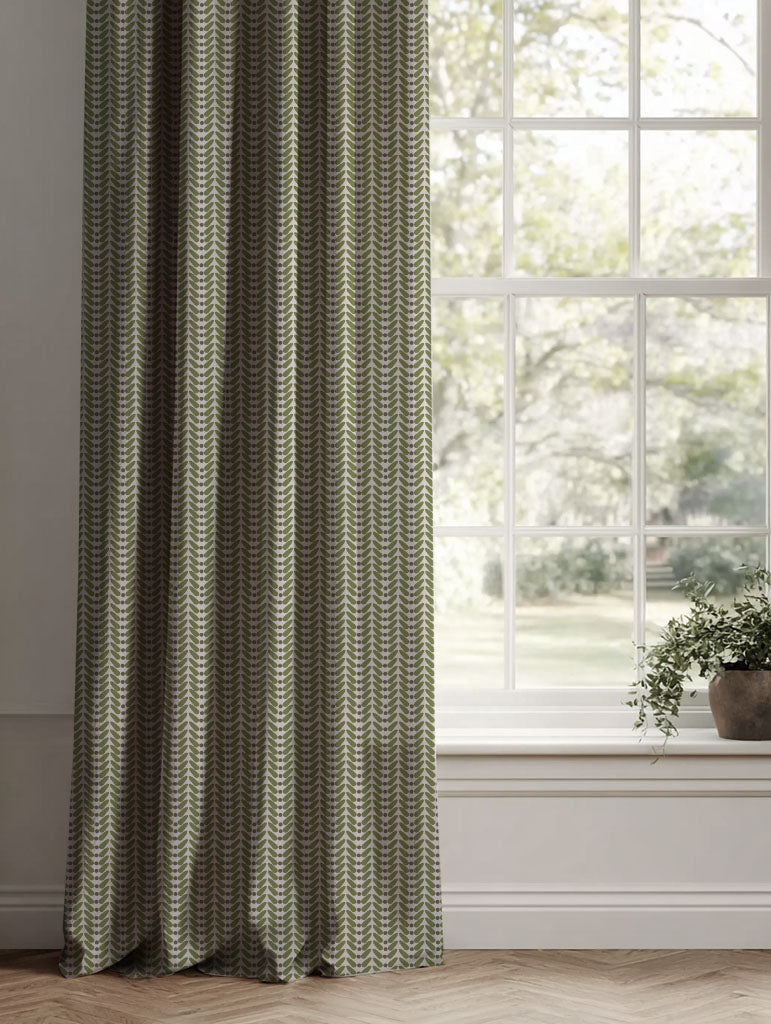 Green Patterned Linen Curtains - Hulda Khaki - Natural base fabric.