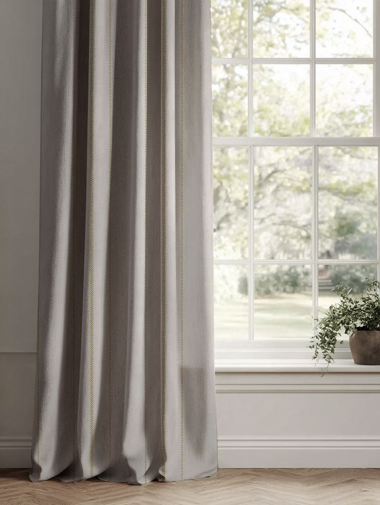 Yellow Striped Linen Curtains - Inari Gold Rod - Natural base fabric.