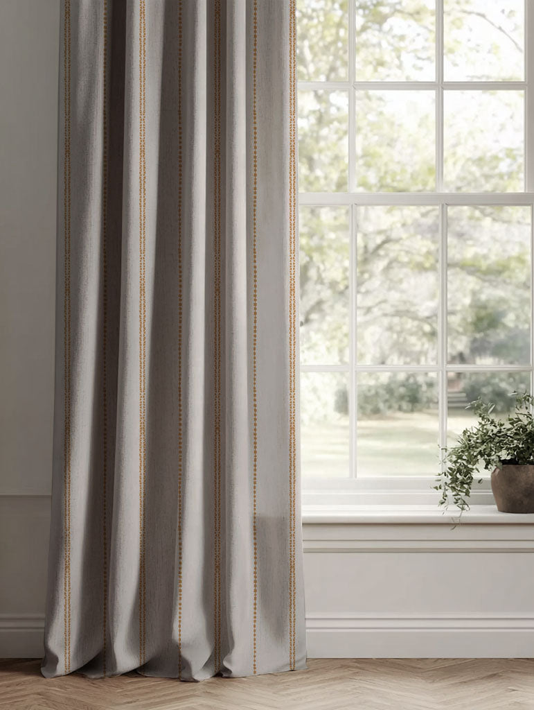 Orange / Yellow Striped Linen Curtains - Inga-NAT Gold Ochre - Natural base fabric.