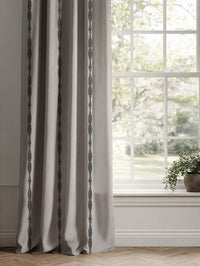 Black Patterned Linen Curtains - Irina Noir - Natural base fabric.
