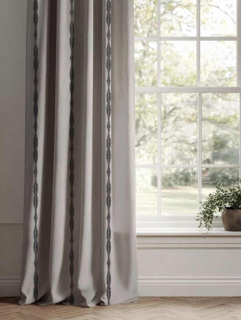 Black Patterned Linen Curtains - Irina Noir - Natural base fabric.
