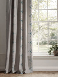 Blue Patterned Linen Curtains - Kaisley Blue Stone - Natural base fabric.