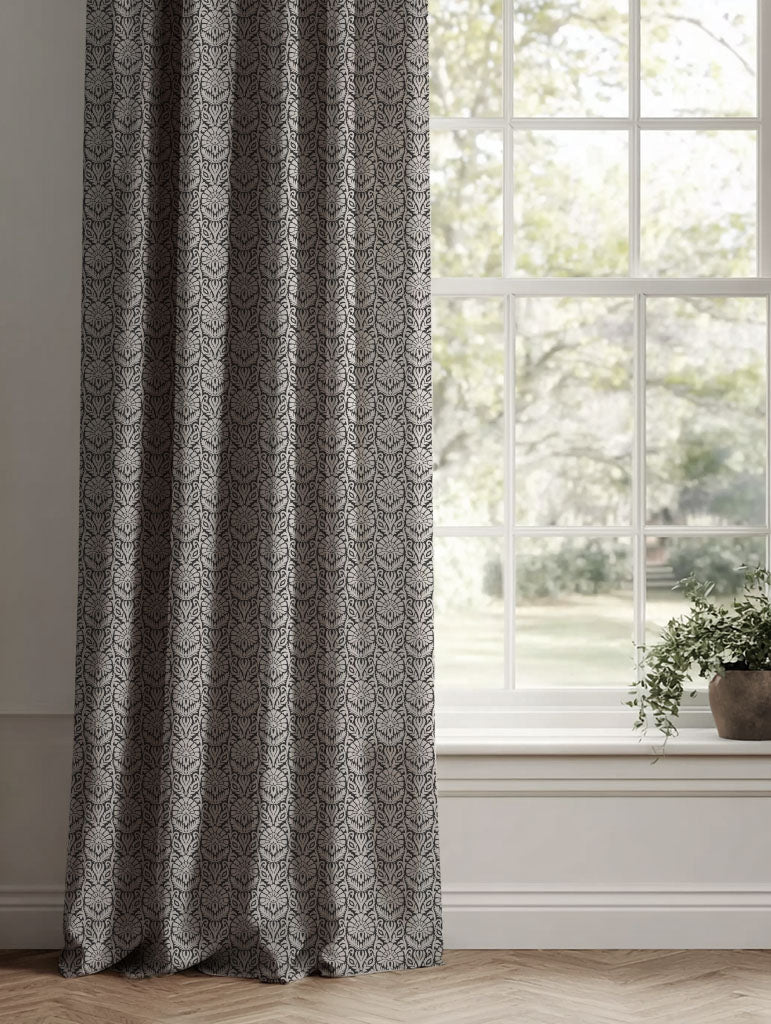 Black Patterned Linen Curtains - Krista Noir - Natural base fabric.