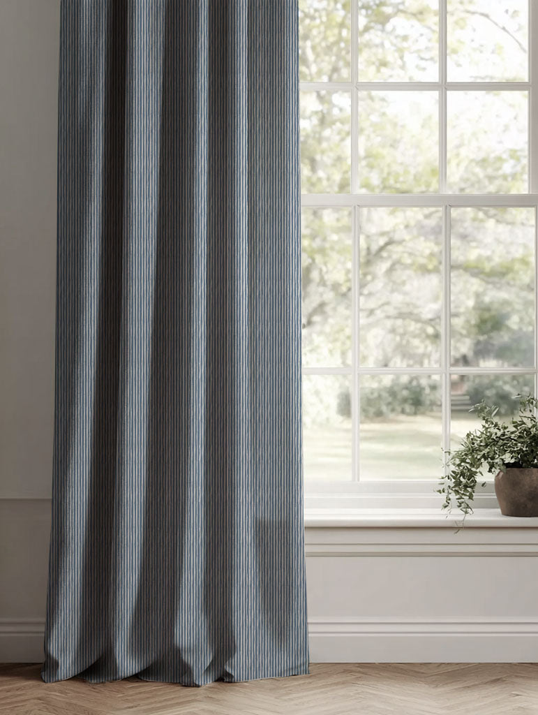 Blue Striped Linen Curtains - Laila Denim - Natural base fabric.
