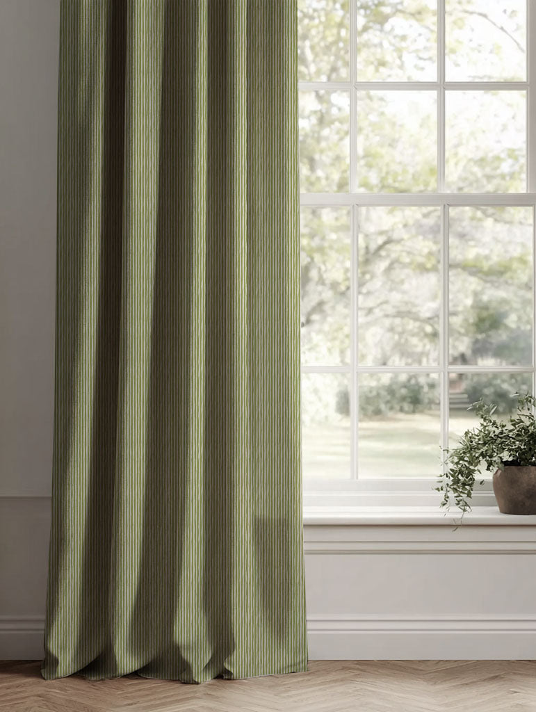 Green Striped Linen Curtains - Laila Leaf - Natural base fabric.