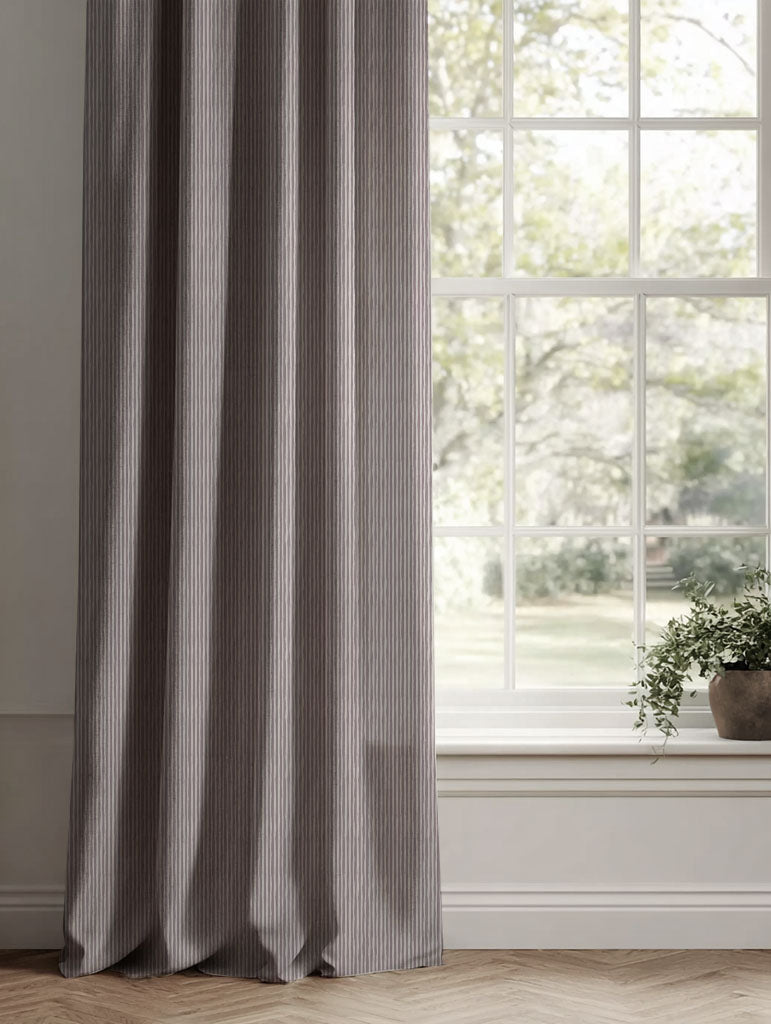 Purple Striped Linen Curtains - Laila Powder Plum - Natural base fabric.