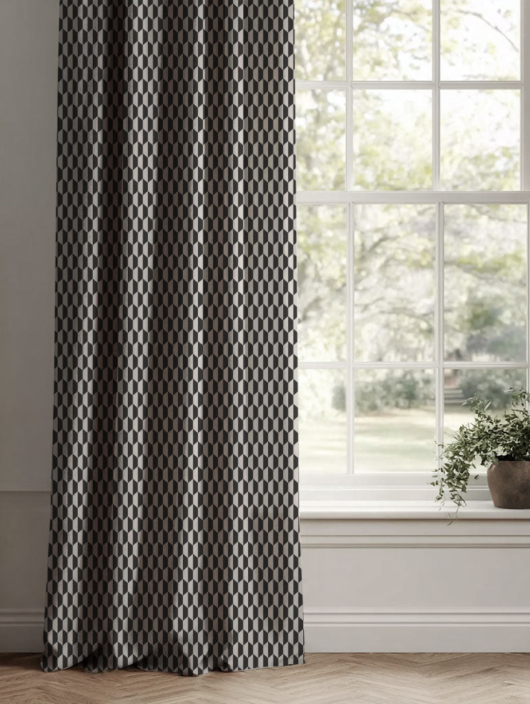 Black Patterned Linen Curtains - Lana Noir - Natural base fabric.
