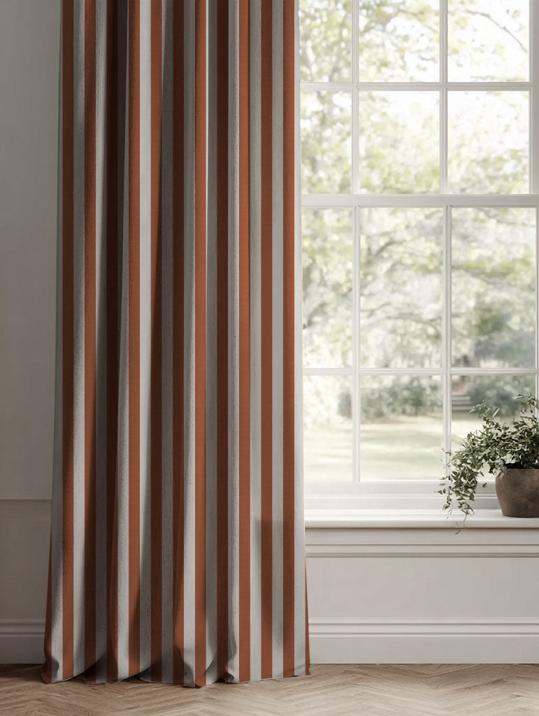 Red / Orange Striped Linen Curtains - Liliana Terracotta-NAT - Natural base fabric.