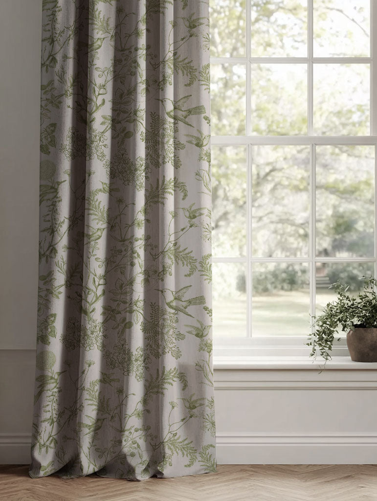 Green Floral Linen Curtains - Marianne-INV Khaki - Natural base fabric.