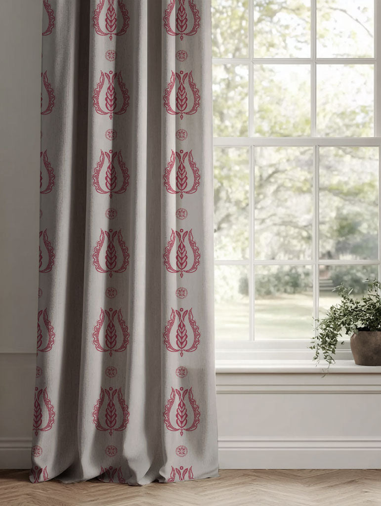 Red Patterned Linen Curtains - Maya Cherry - Natural base fabric.