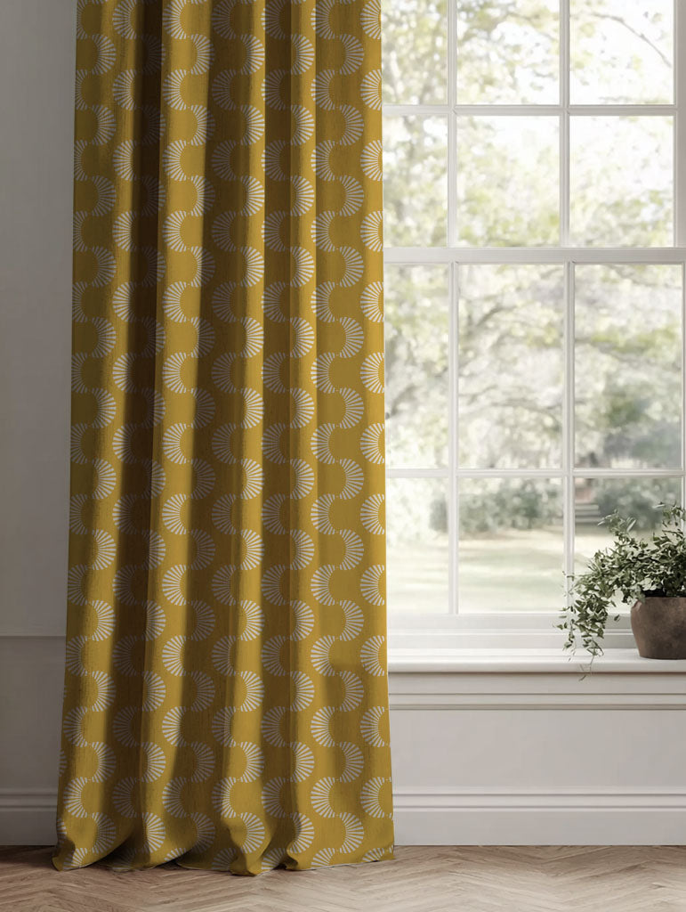 Yellow Patterned Linen Curtains - Naja Mustard - Natural base fabric.