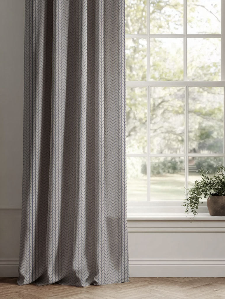 Blue Patterned Linen Curtains - Ollie Deep Blue - Natural base fabric.