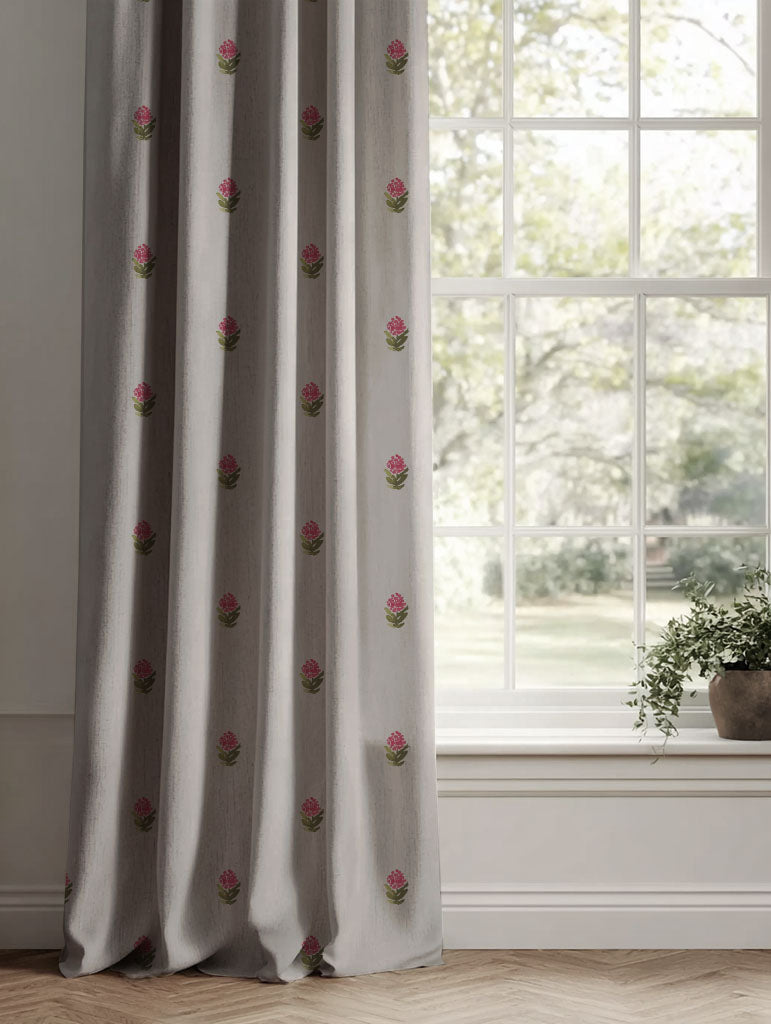 Red Floral Linen Curtains - Paulina Cherry - Natural base fabric.