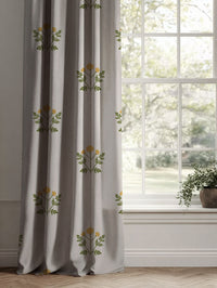 Yellow Botanical Linen Curtains - Pernille Honey - Natural base fabric.