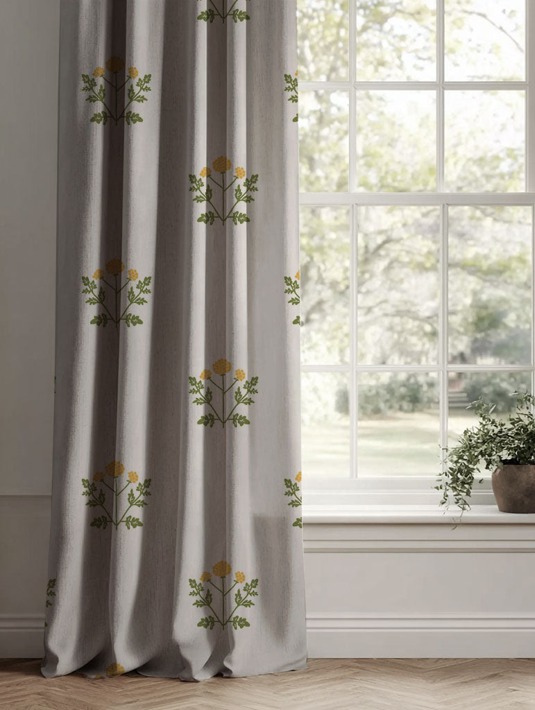 Yellow Botanical Linen Curtains - Pernille Honey - Natural base fabric.
