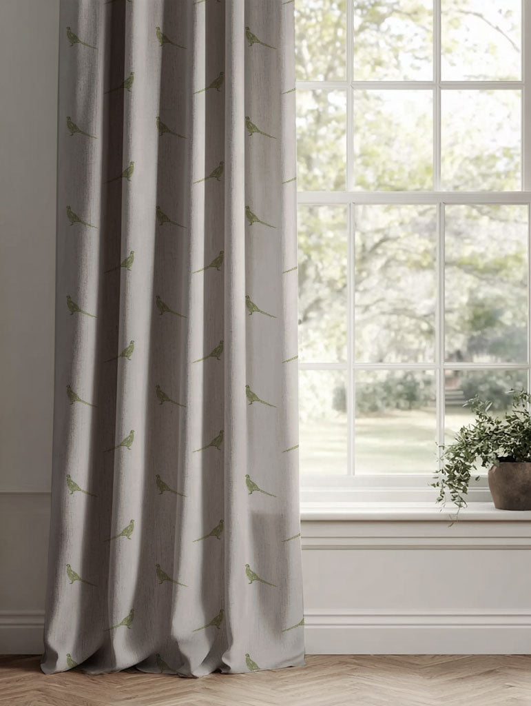 Green Kids Linen Curtains - Pheasant Khaki - Natural base fabric.