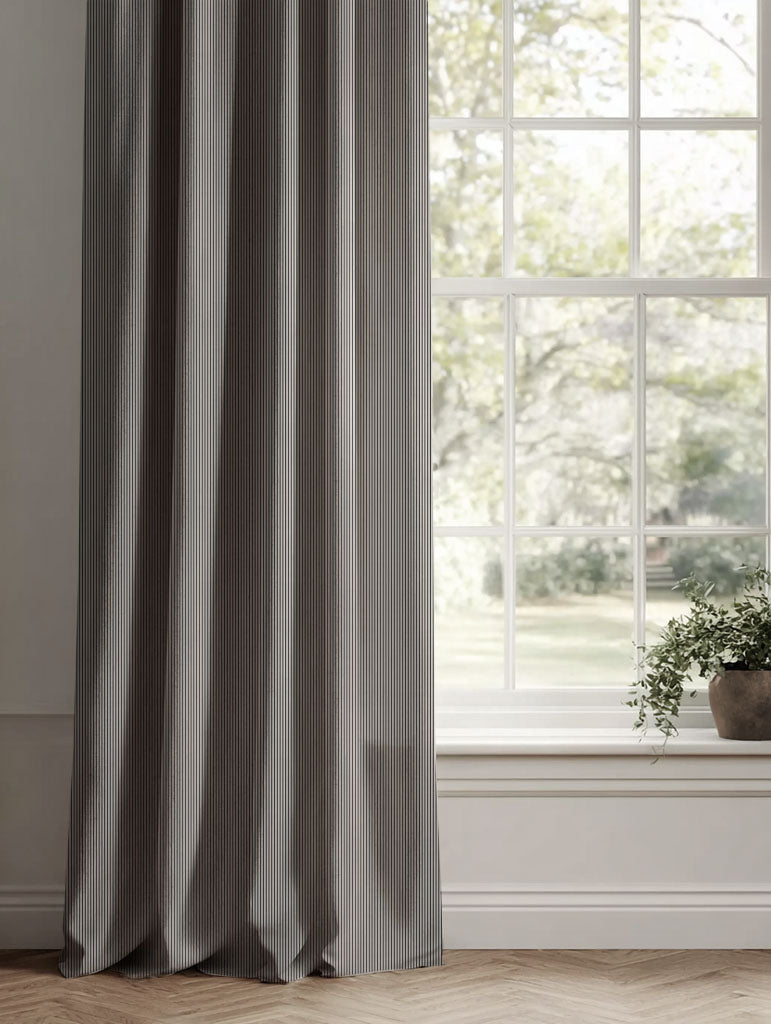 Black Striped Linen Curtains - Pinni Noir - Natural base fabric.