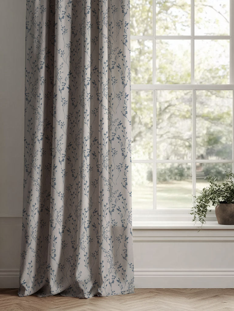 Blue Botanical Linen Curtains - Saeeda Denim - Natural base fabric.