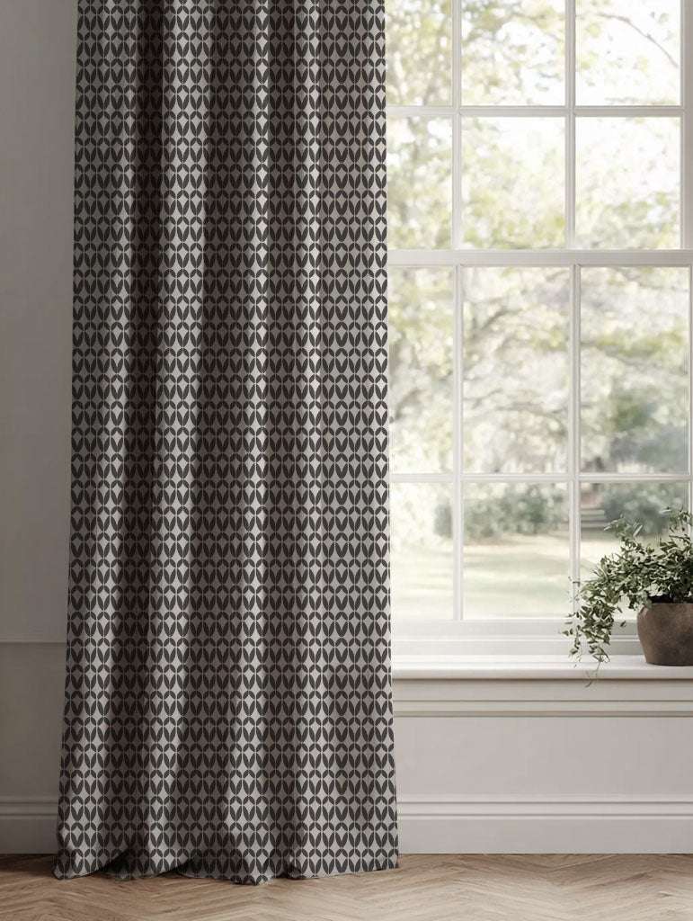 Grey Patterned Linen Curtains - Siruna Charcoal - Natural base fabric.