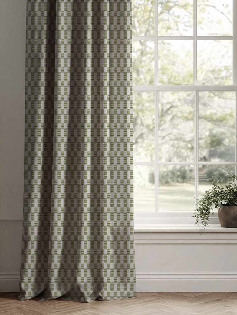 Green Checked Linen Curtains - Sunni Khaki - Natural base fabric.