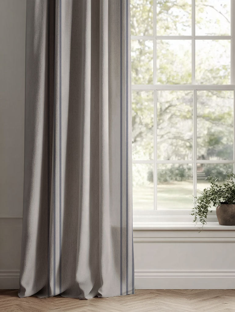 Blue Striped Linen Curtains - Telma Deep Blue - Natural base fabric.