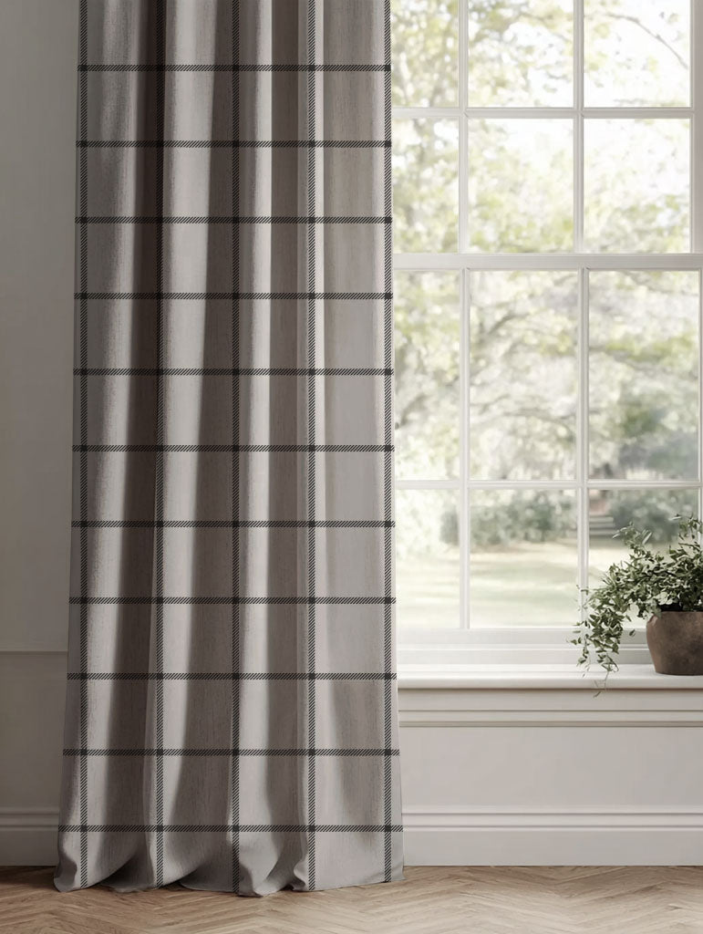 Black Checked Linen Curtains - Tove Noir - Natural base fabric.