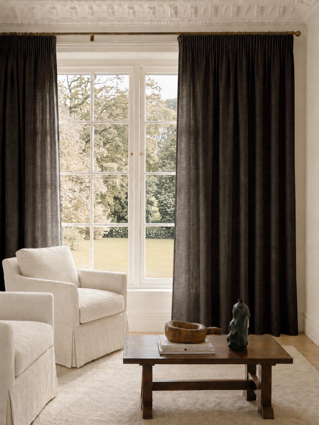 Black Pleated made to measure linen curtains. These Pencil pleat are made of 100% Linen fabric - Charlotte Noir
