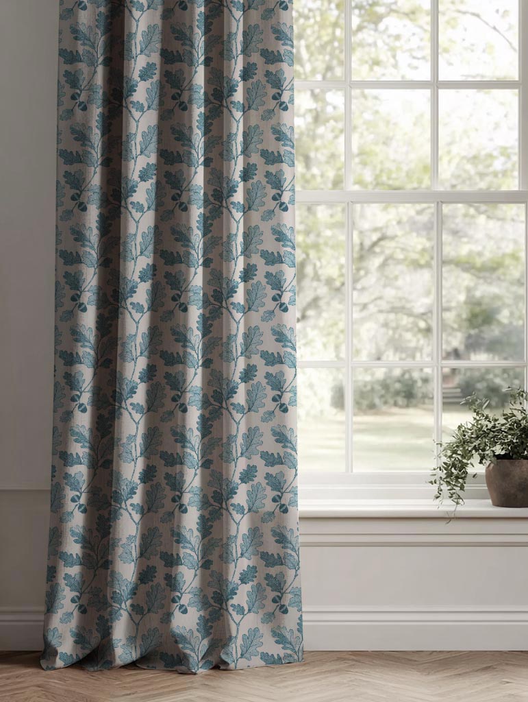 Blue Botanical Linen Curtain - Olini Blue Stone - Natural base fabric.