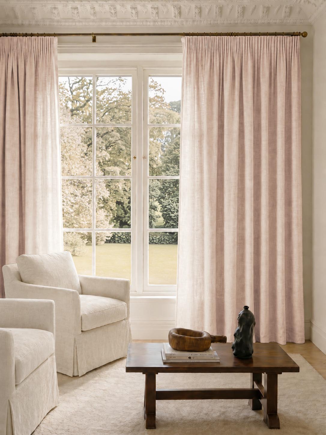 Pale Pink Pleated made to measure linen curtains. These Pencil pleat are made of 100% Linen fabric - Charlotte Powder Pink