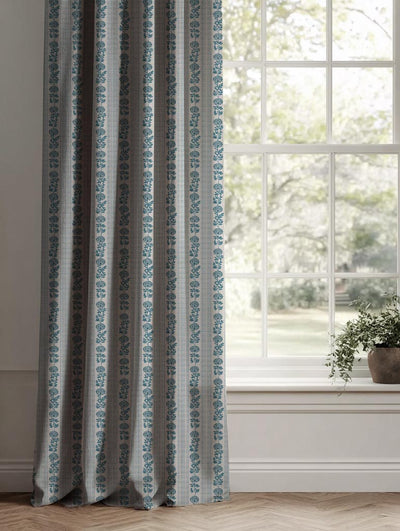 Blue Floral Stripe Linen Curtain - Skye Blue Stone - Natural base fabric.