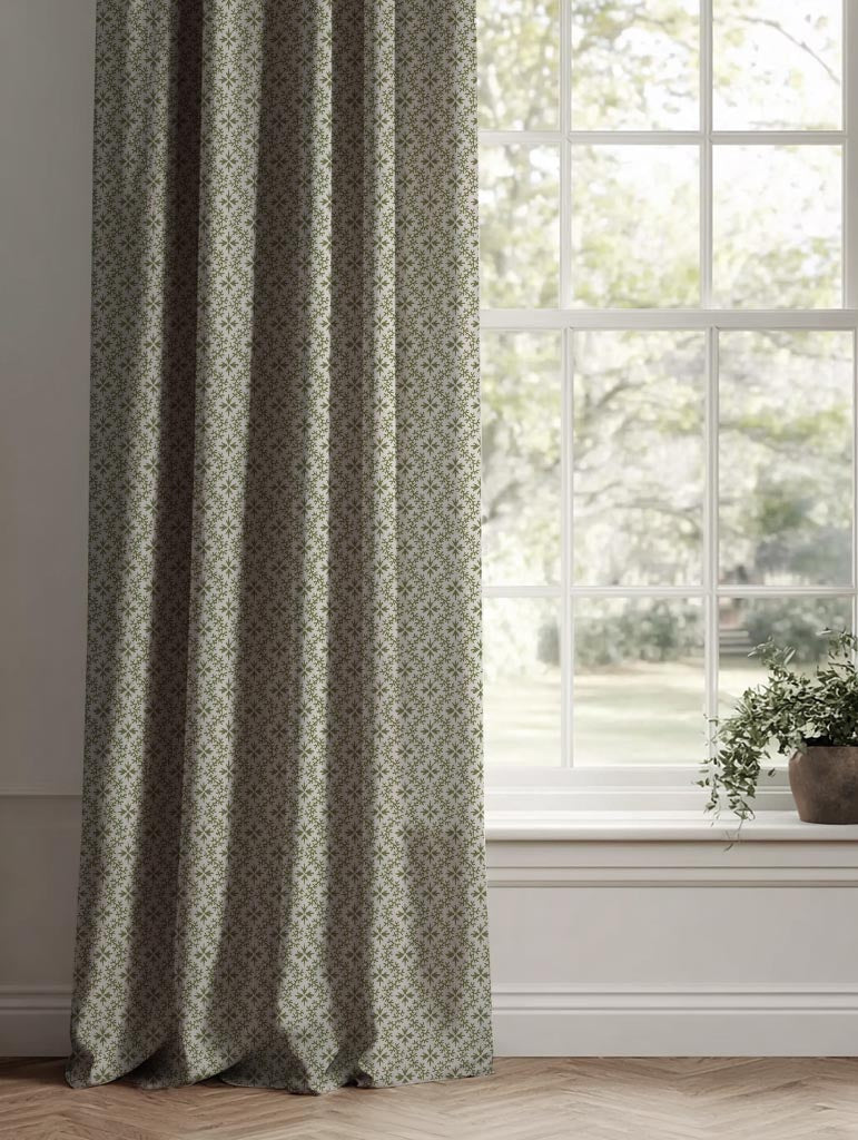 Green Abstract Linen Curtain - Unica Khaki - Natural base fabric.