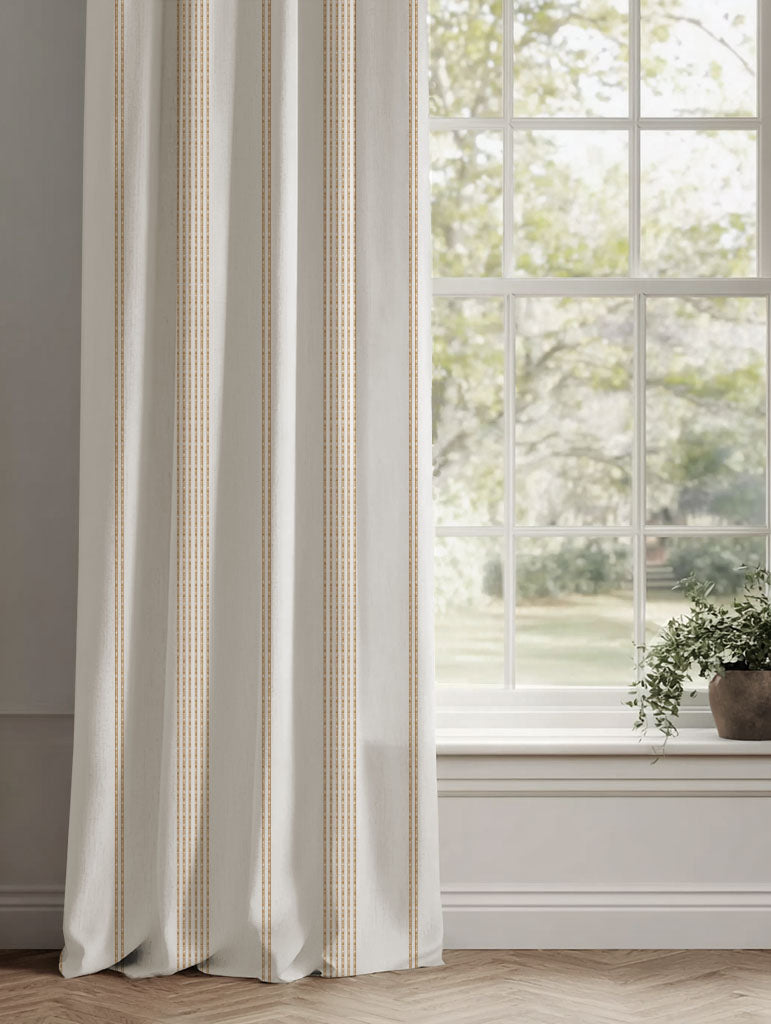 Orange Striped Linen Curtains - Brea Ochre-WHT - White base fabric.