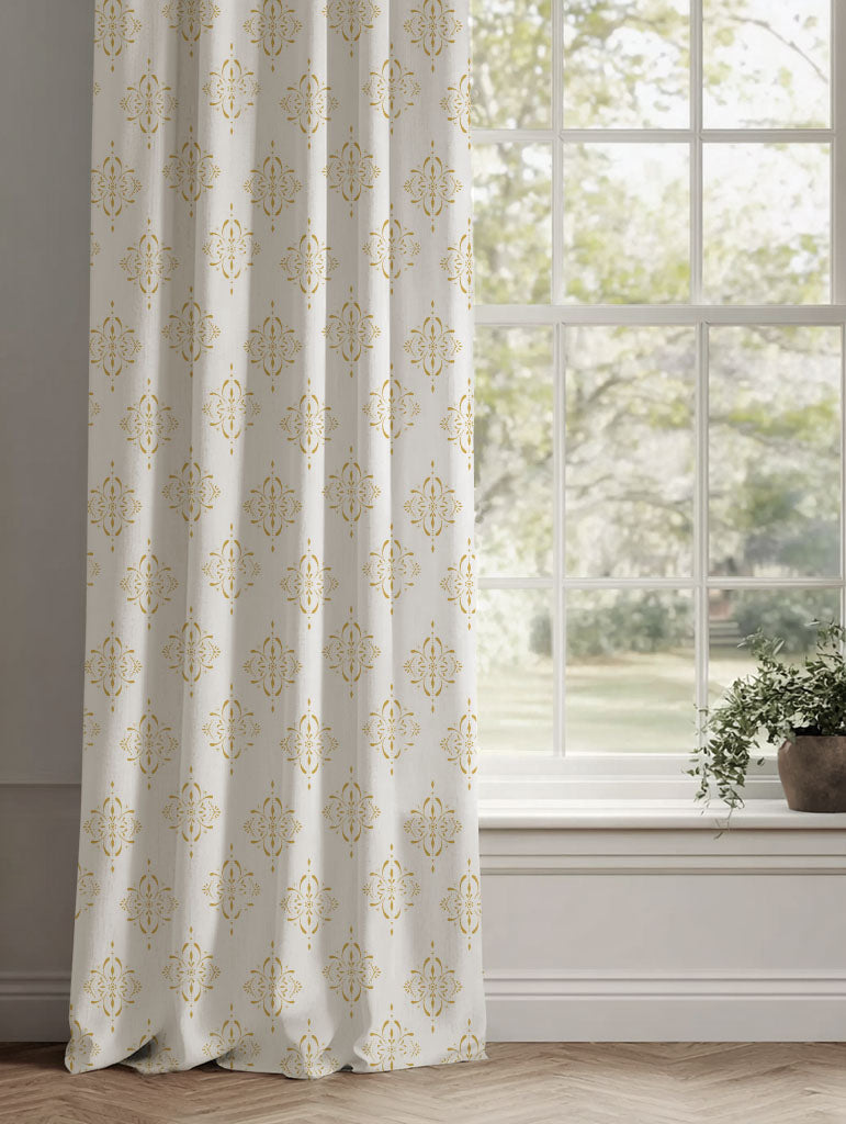 Yellow Patterned Linen Curtains - Britt Dijon - White base fabric.