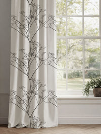 Black Floral Linen Curtains - Cicely Black - White base fabric.